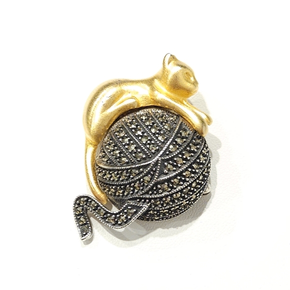 Vintage Judith Jack Golden Cat Marcasite Stones Brooch Sterling Silver 925 - Picture 6 of 15